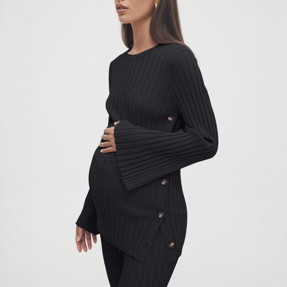 Legoe Heritage Black Side Button Ribbed Knit Maternity Top